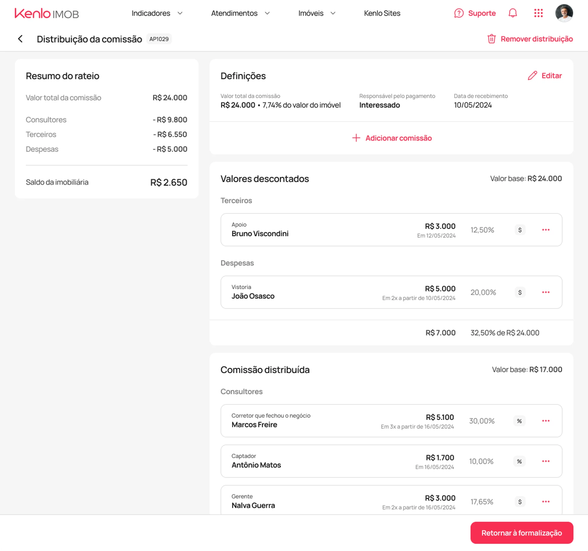 Tela de distribuição das comissões do imóvel