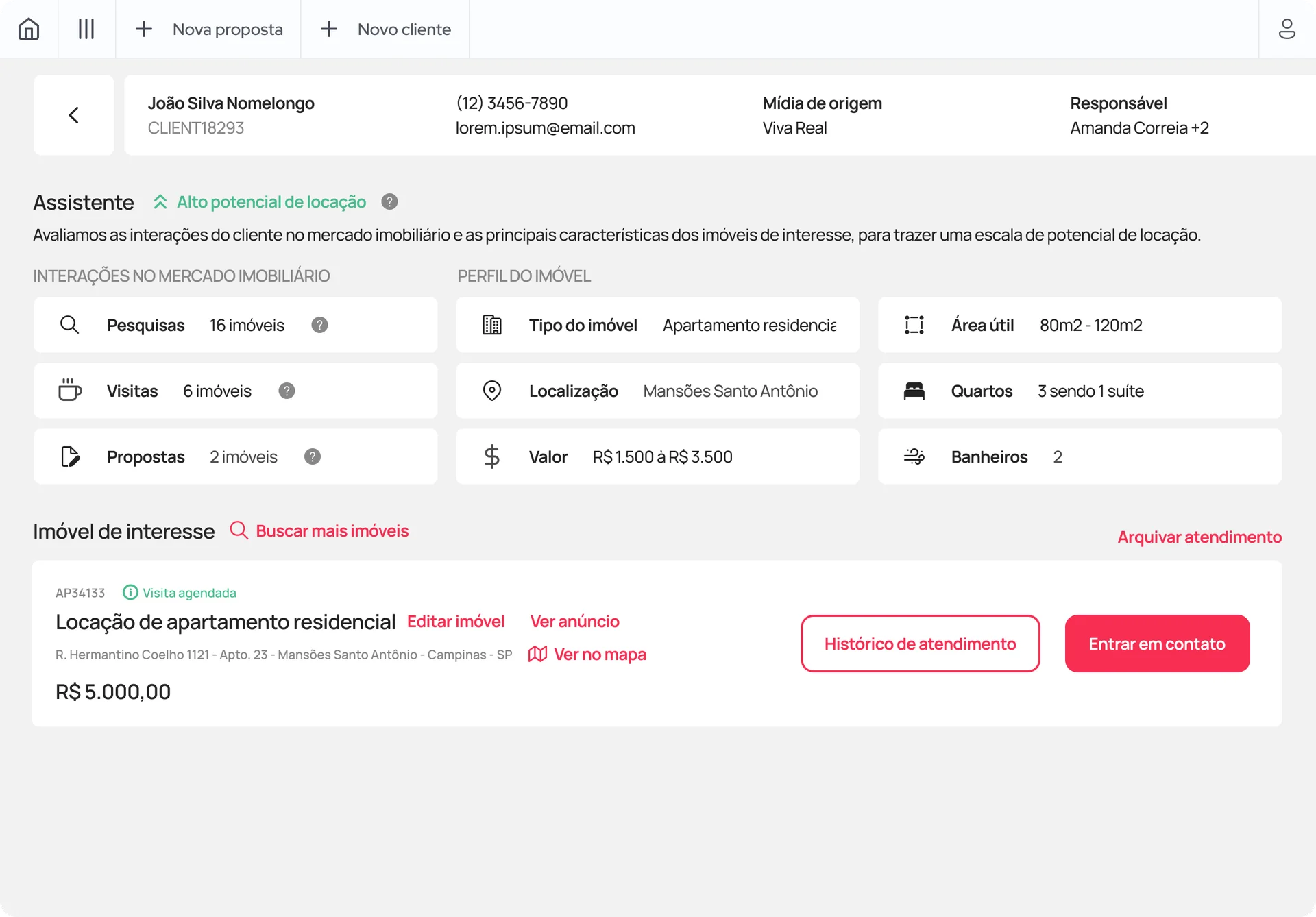 Previous service screen showing a single property of interest