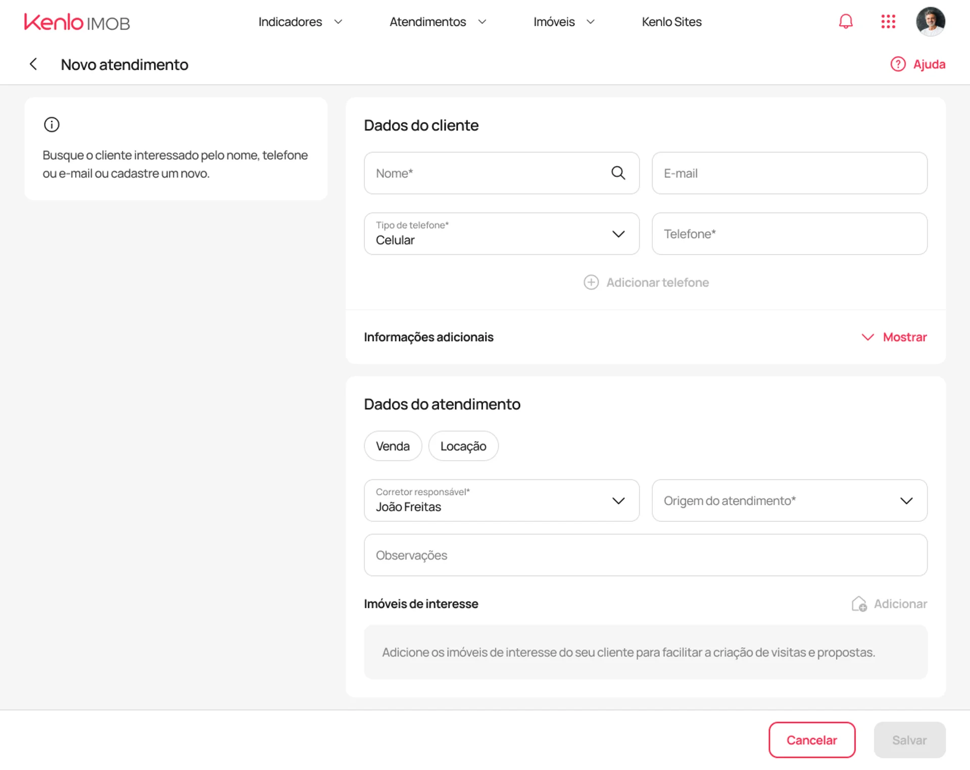 New service registration screen